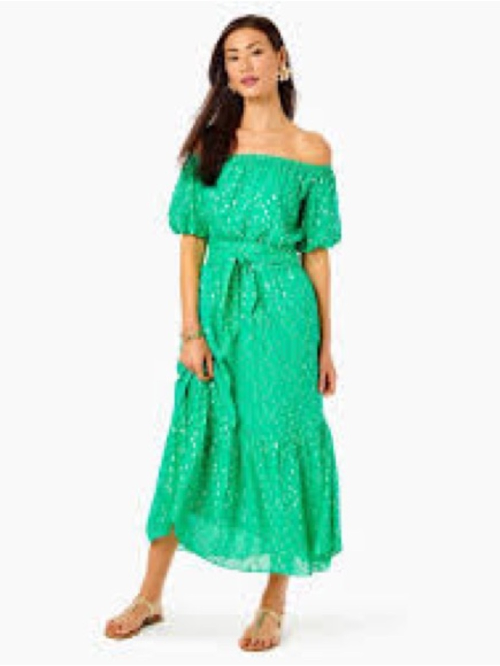 Lilly Pulitzer Emerald Off-the-Shoulder Tie-Waist Midi Dress